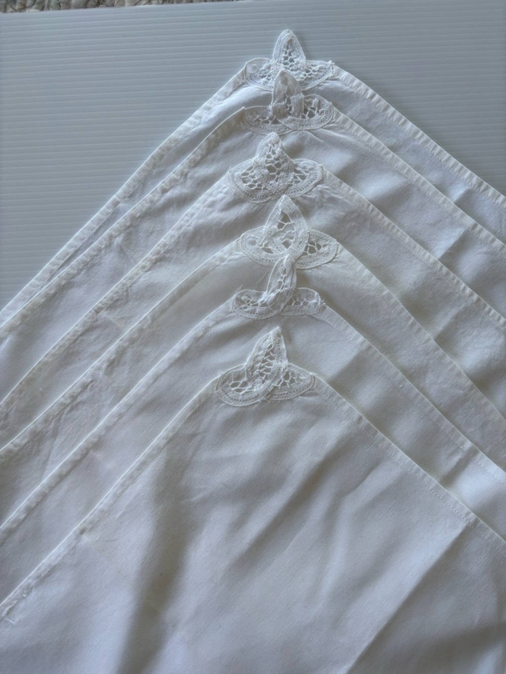 Vintage Set of 6 White Linen Cocktail Napkins with Crochet Trim